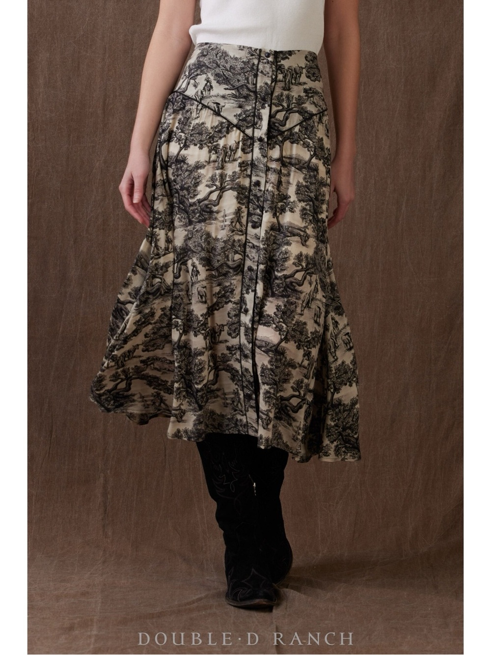 Double D Ranch Black & Beige Scenic Print A-Line Midi Skirt